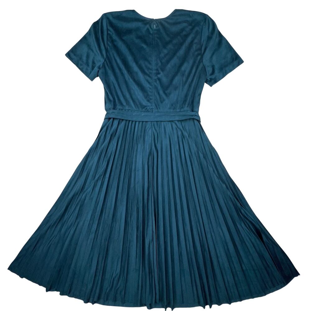 Ann Taylor Faux Suede Pleated Midi Dress 14P Teal Belted Wedding Guest NWT Party - Picture 3 of 13